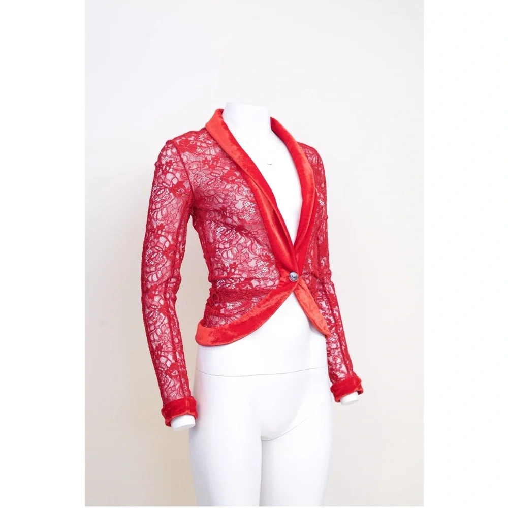 Christian Dior F/W 2003 Red Lace Jacket Top with Velvet Trim